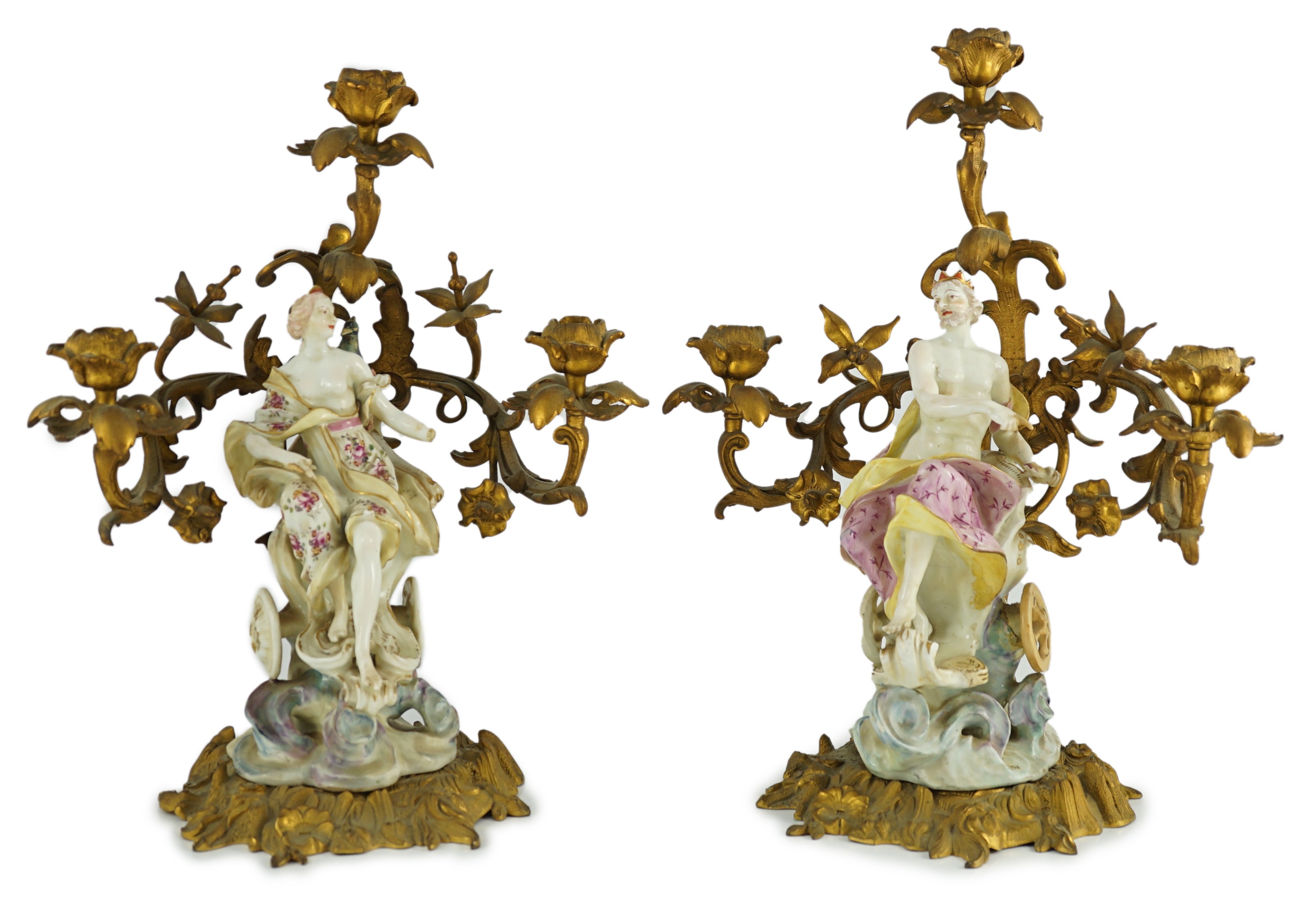 A pair of large Derby porcelain and ormolu mounted ‘Juno and Jupiter’ figural candelabra, the figures c.1760